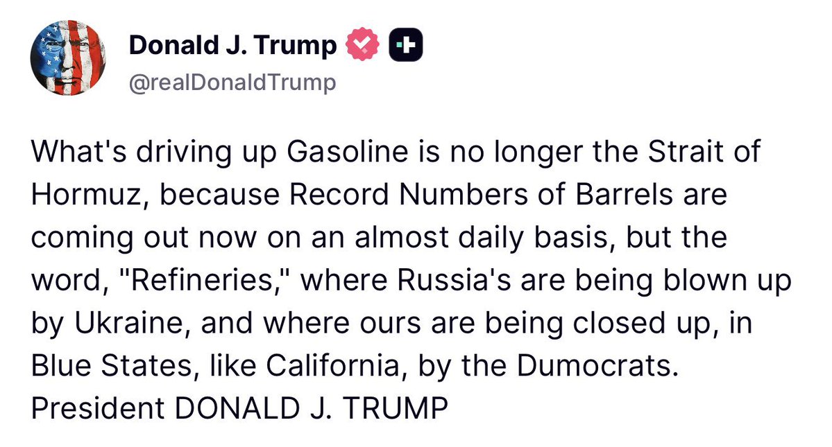 WarClandestine's tweet photo. Interesting 🤔

POTUS blames Ukraine, and Blue states like California, for the price of gasoline. He claims that the Ukrainians are targeting Russian oil refineries, and that the Dems are sabotaging US oil production by closing up our own refineries in their states.

It seems like Trump is telling us that Ukraine and the Dems are intentionally driving up the global price of oil, as part of their broader plot to damage him in the midterms and remove him from office. It’s no secret that the Dems/MSM are aligned with Ukraine, as we have seen with their years of pushing pro-Ukraine propaganda, as well as sending as much of our money as possible to Ukraine, before Trump got back and turned off the flow of funds. Zelensky wants Trump out of office, so the Dems will send him hundreds of billions of dollars again, and so he can drag the US/NATO into this conflict and fight Russia for him.

The war for the survival of our Republic is global. The Deep State are using all of their proxies, like Iran and Ukraine, to sabotage the global price of oil, so they can use it to smear Trump and influence elections. This is how the game is played.