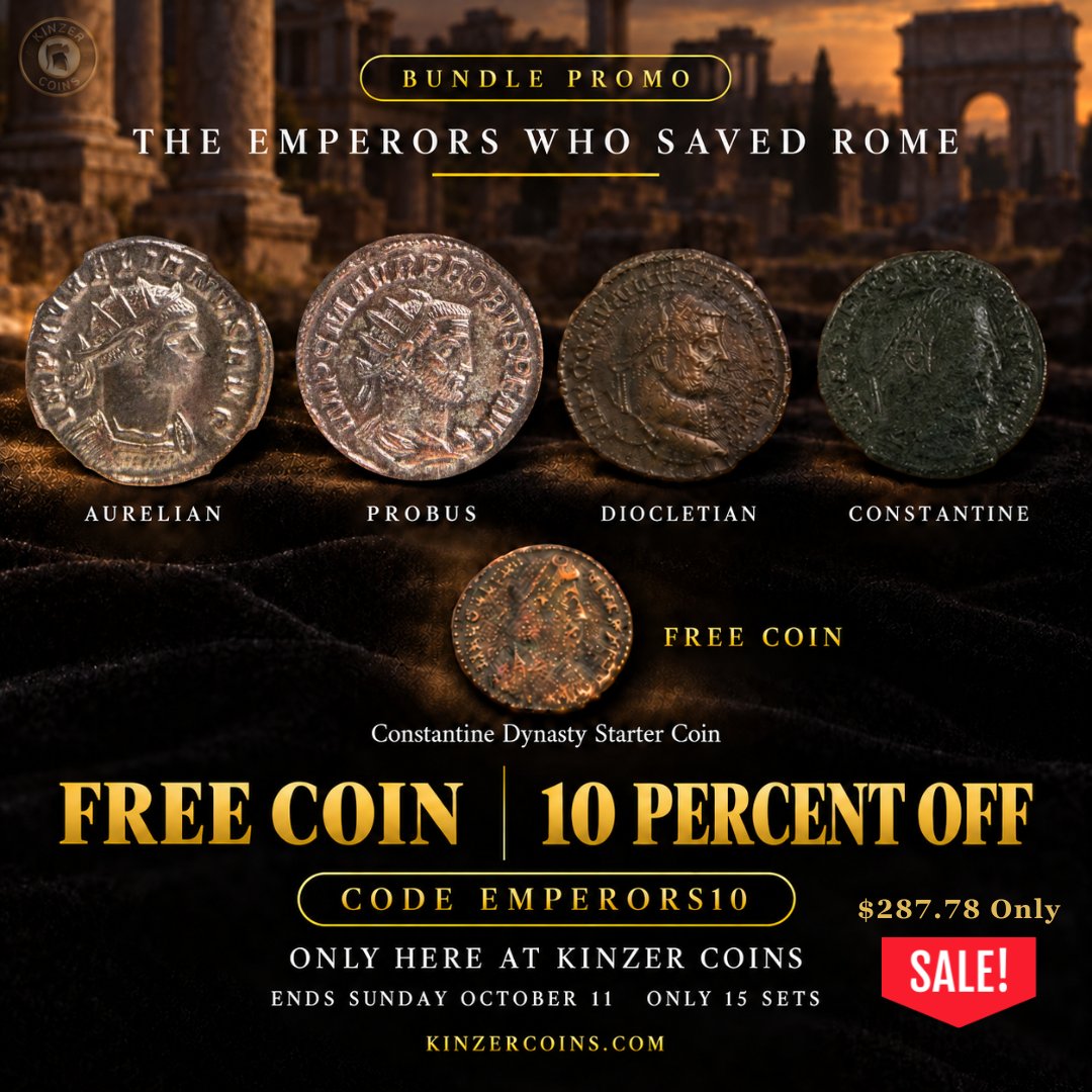 KinzerCoins's tweet photo. The 4 emperors who saved Rome, plus a free coin. Aurelian reunited it, Probus defended it, Diocletian rebuilt it, Constantine carried it forward.
$259, code EMPERORS10. Only 15 sets, ends Mon Oct 12.
https://t.co/Om1oCHYBeV
#AncientCoins #RomanEmpire #RomanCoins https://t.co/tG9xSYfn28