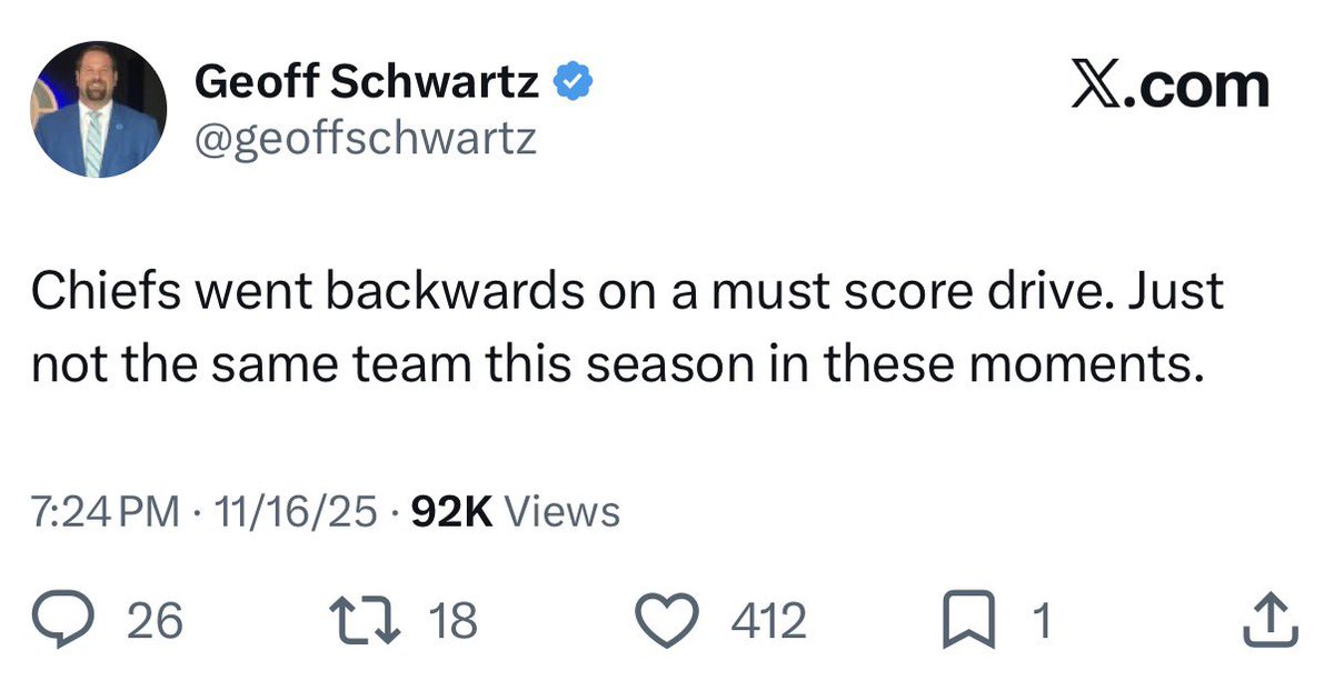 jshet317's tweet photo. @LocalLegendCoop @geoffschwartz @niccksix Why lie about something so easy to look up? Geoff criticized the ‘25 Chiefs because they sucked. He’s less critical of the ’26 Chiefs because they don’t suck. Being a pessimist who can’t enjoy success doesn’t make you sound mature or smart. It just makes you insufferable. https://t.co/4hA9o439oq