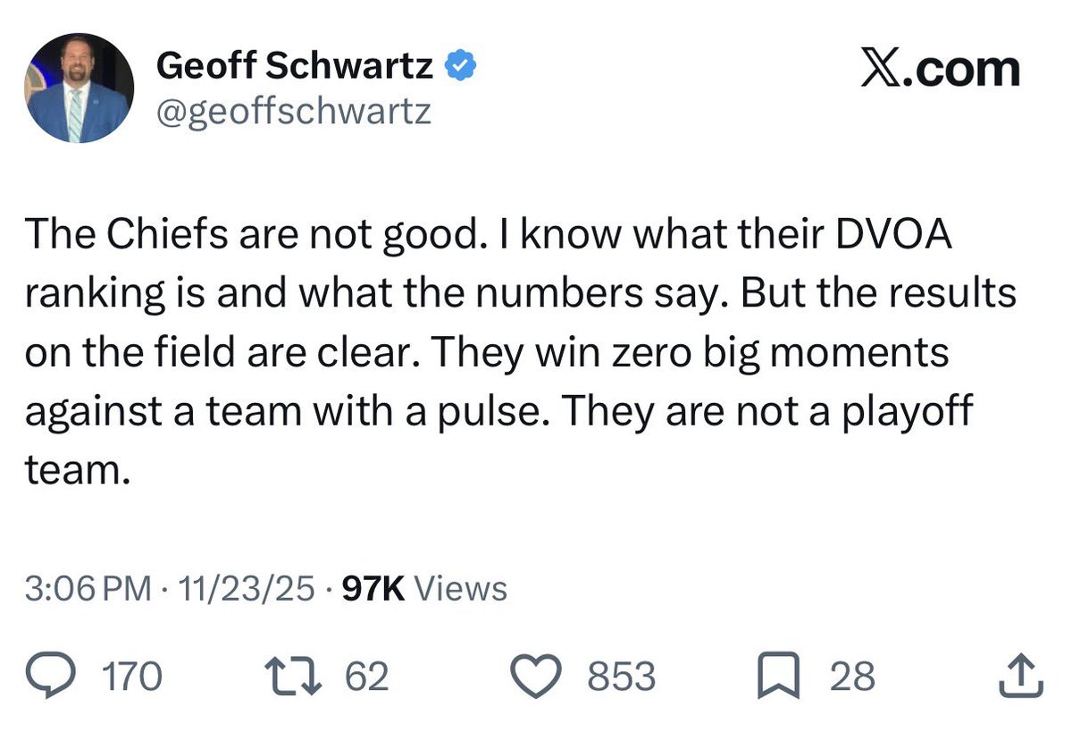 jshet317's tweet photo. @LocalLegendCoop @geoffschwartz @niccksix Why lie about something so easy to look up? Geoff criticized the ‘25 Chiefs because they sucked. He’s less critical of the ’26 Chiefs because they don’t suck. Being a pessimist who can’t enjoy success doesn’t make you sound mature or smart. It just makes you insufferable. https://t.co/4hA9o439oq