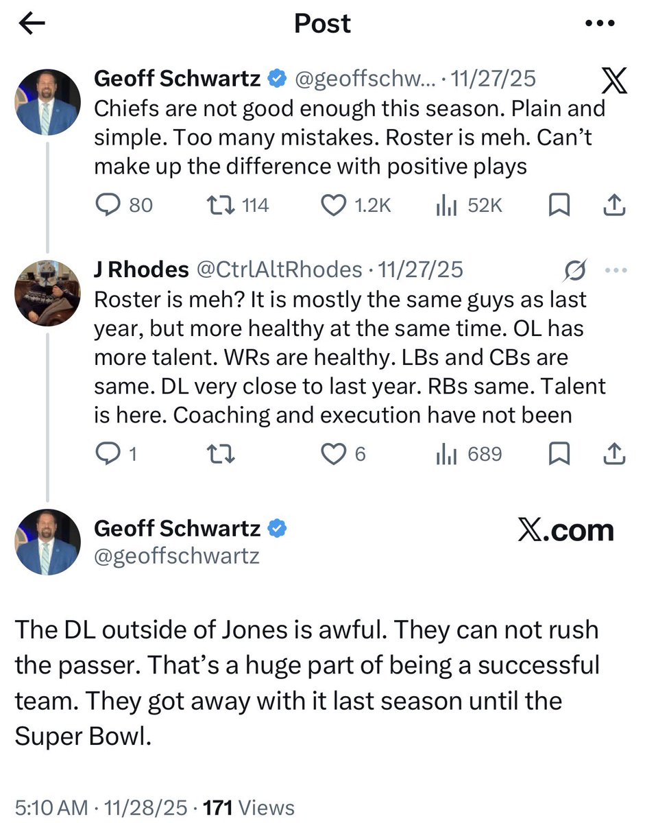 jshet317's tweet photo. @LocalLegendCoop @geoffschwartz @niccksix Why lie about something so easy to look up? Geoff criticized the ‘25 Chiefs because they sucked. He’s less critical of the ’26 Chiefs because they don’t suck. Being a pessimist who can’t enjoy success doesn’t make you sound mature or smart. It just makes you insufferable. https://t.co/4hA9o439oq