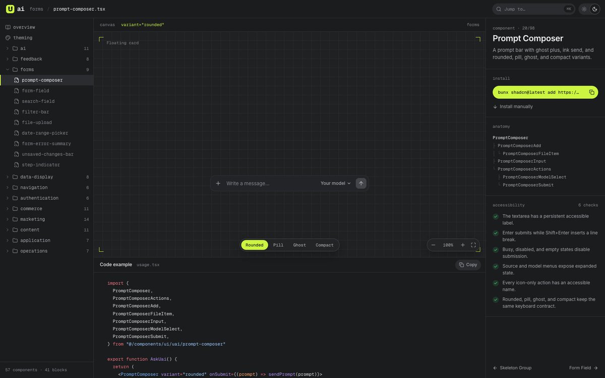 engineerdesoft's tweet photo. Every component in Uai Blocks has its own page with a live preview, all of its variants, the usage code and the accessibility checks it passes. https://t.co/ylx2Swwjkr