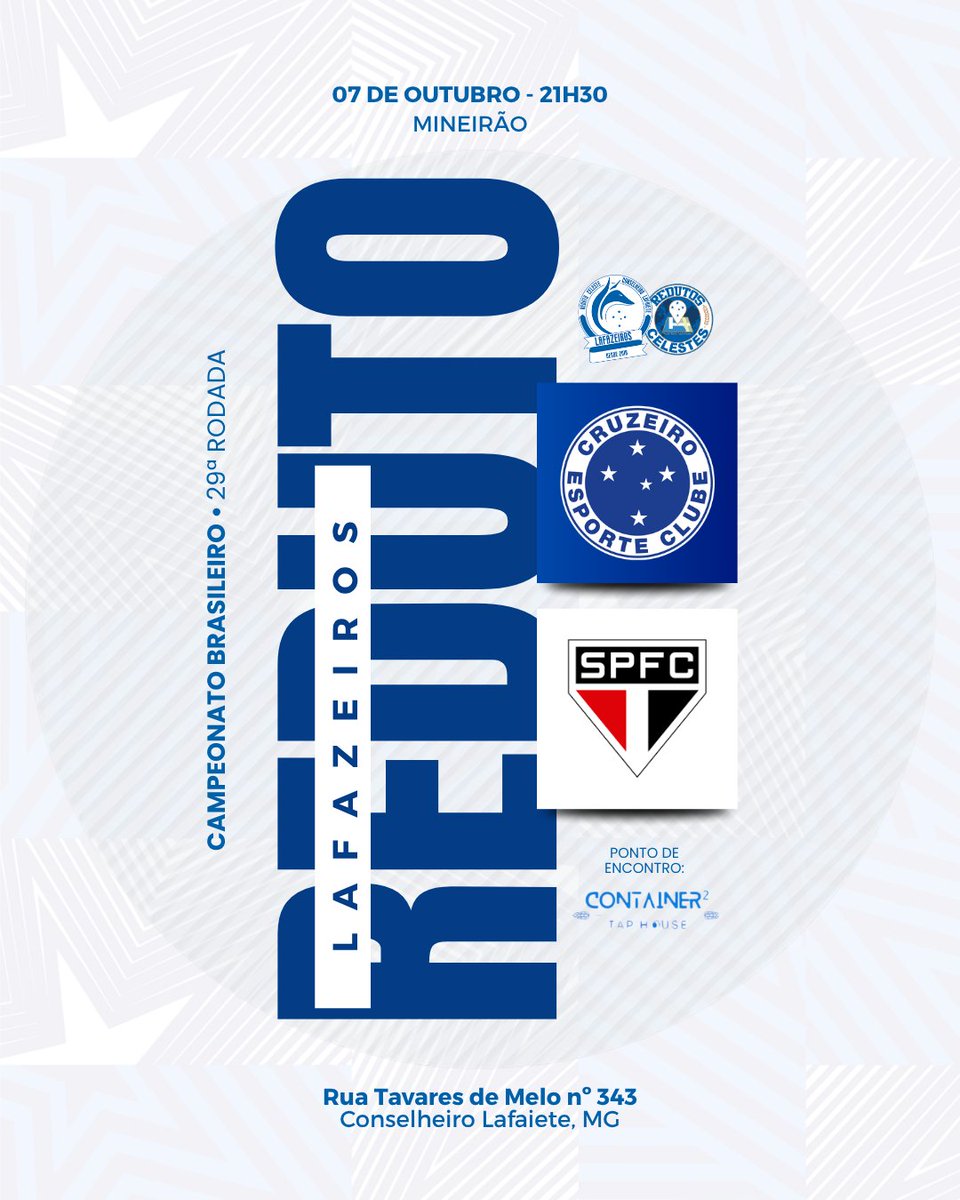 lafazeiros's tweet photo. É AMANHÃ! DIA DE REDUTO LAFAZEIROS! 🦊💙
Amanhã o @Cruzeiro enfrenta o São Paulo pela 29ª rodada do Brasileirão e nosso ponto de encontro é no Container Tap House!
📍 R. Tavares de Melo, 343 - Cons. Lafaiete
Vem empurrar o Cabuloso com a gente!
#CECxSPFC #RedutosCelestes https://t.co/6OBZndgO9j
