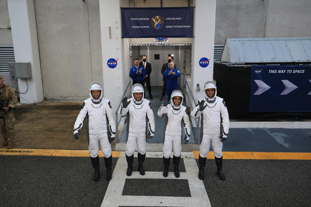 NASAJohnson's tweet photo. Two walkouts, one station. 🛰️

@NASA's @SpaceX Crew‑12 and Crew‑13 both began their journeys waving to family and friends outside the Neil A. Armstrong Operations and Checkout Building at Kennedy Space Center. Today, both crews are living and working aboard the International @Space_Station as Crew‑12 prepares to wrap up their mission and return to Earth this week while Crew‑13 settles in for their long‑duration stay.