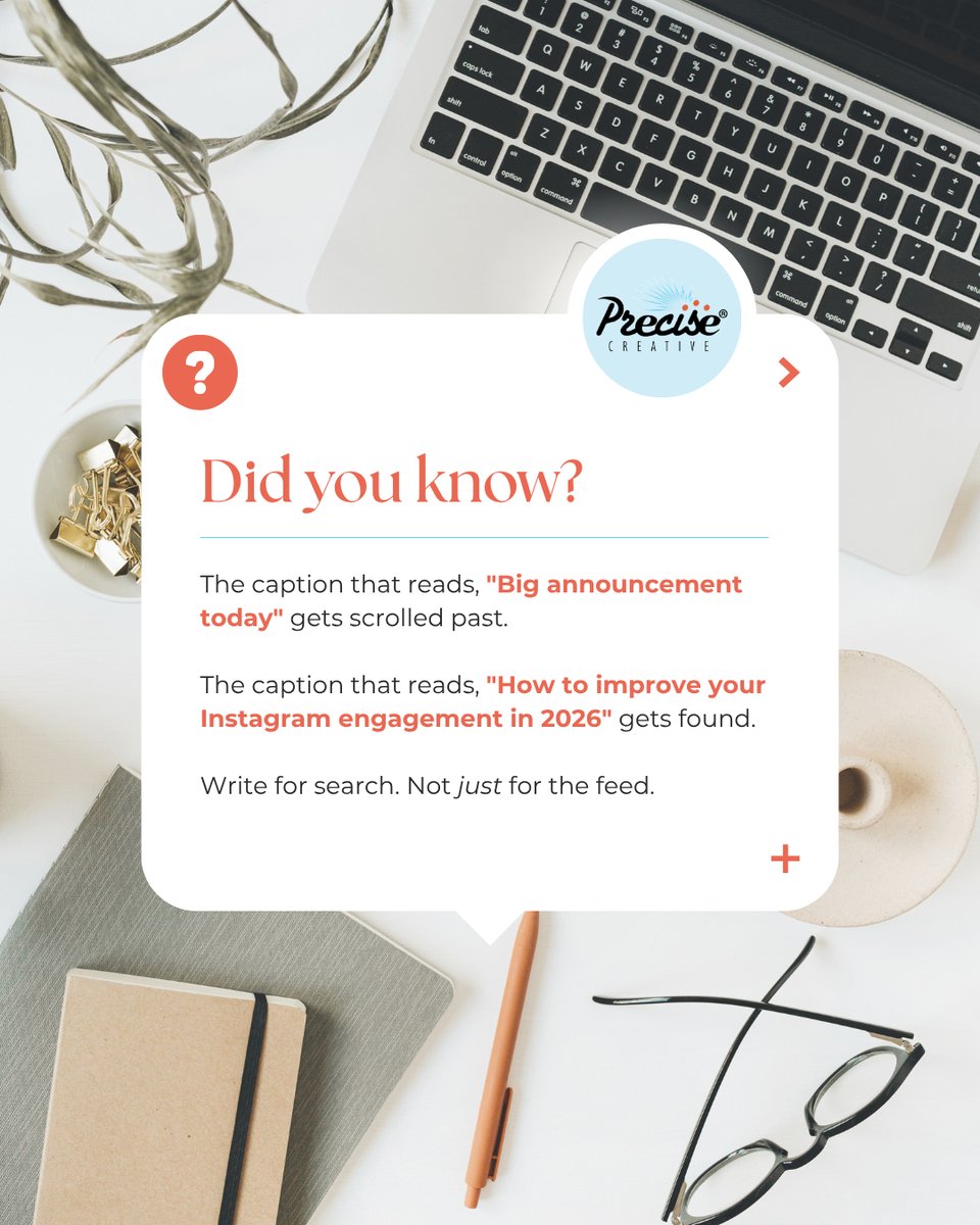 PreciseCreative's tweet photo. The caption that reads, "Big announcement today," gets scrolled past. 📲  The caption that reads, "How to improve Instagram engagement in 2026," gets found.  Write for search, not just for the feed. That shift changes everything. ✍️  #SocialMediaMarketing #ContentStrategy https://t.co/RbuA90xHx2