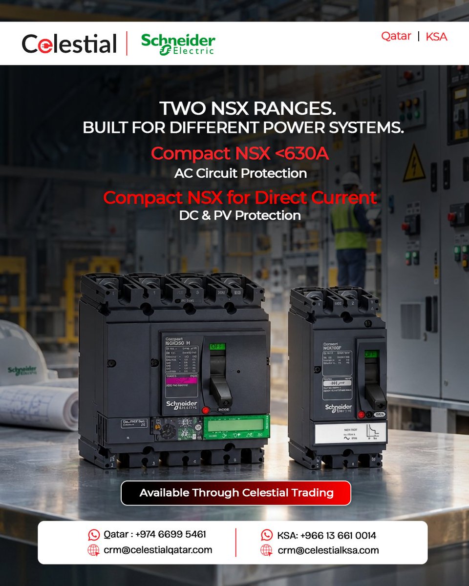 Celestial_trd's tweet photo. Schneider Electric Compact NSX solutions cover AC distribution, DC systems and photovoltaic applications, with configurations for protection, isolation and demanding industrial installations. 

Available through Celestial Trading.

#ElectricalSolutions #Qatar #SaudiArabia #KSA https://t.co/hdRvcExtF6