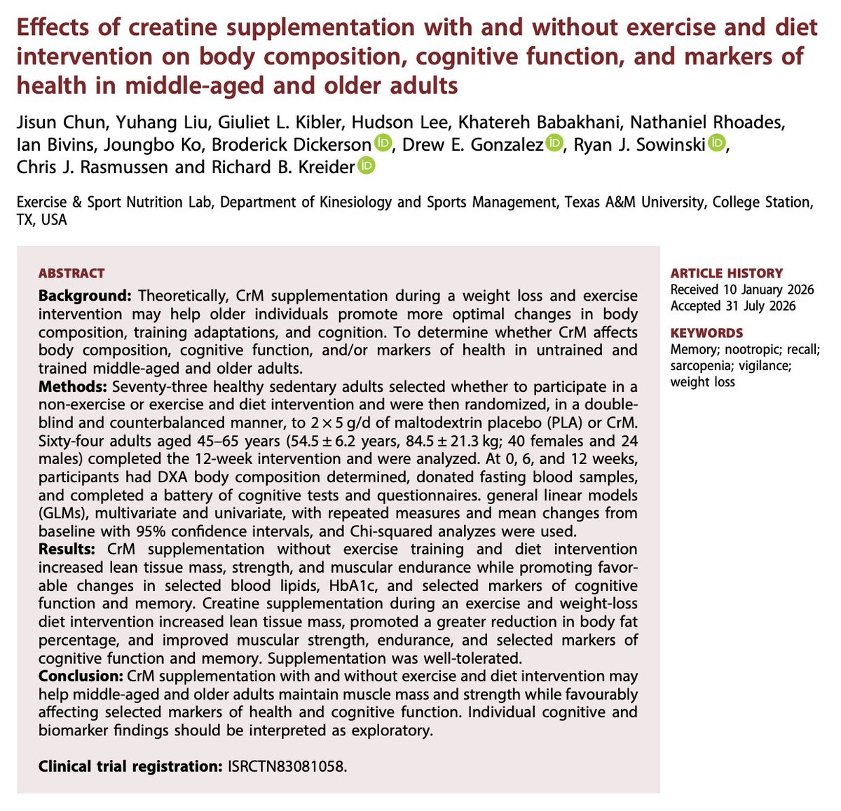 morellifit's tweet photo. This new creatine study is insane.

People who never trained took 10g of creatine a day and gained more lean tissue (2.43 lbs) than people who were lifting 3x a week with no creatine (0.31 lbs).

Here's the breakdown: (1/18) https://t.co/SlyHDWZSTU