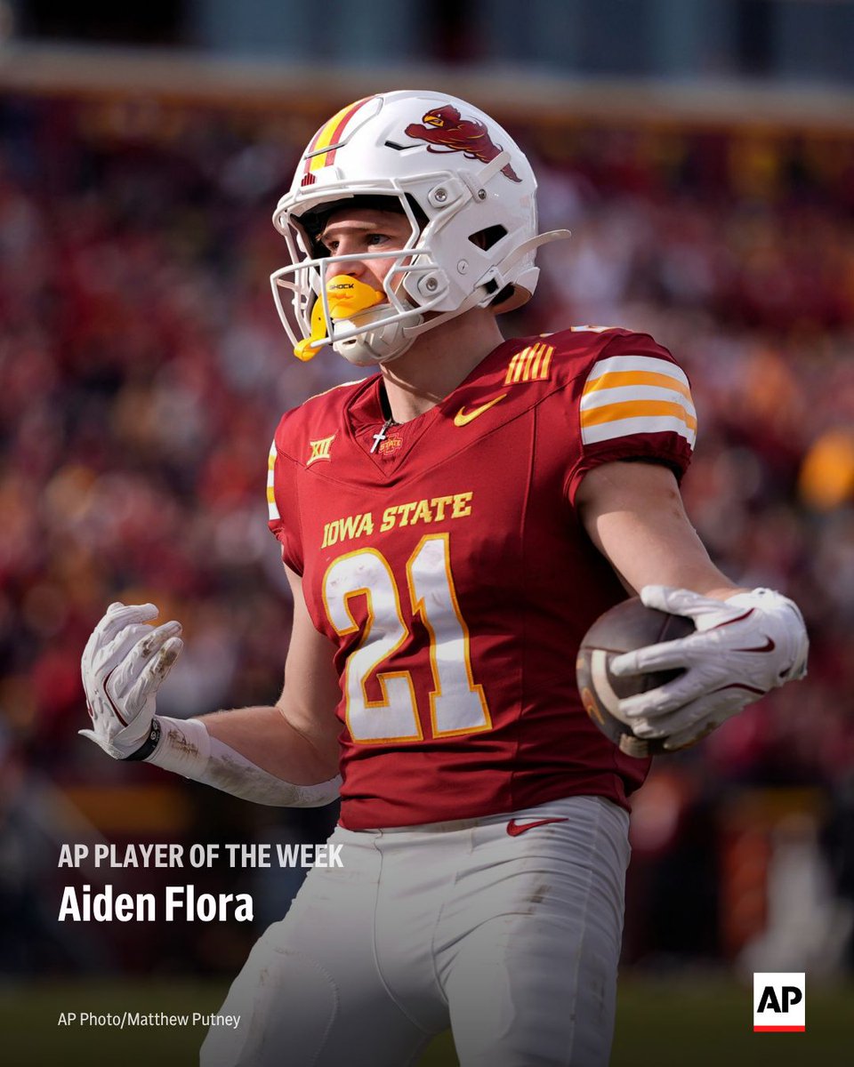 AP_Top25's tweet photo. https://t.co/WdyMOrLo5X
The AP player of the week in college football for Week 5 of the season is @CycloneFB 's @FloraAiden. The former walk-on ran for three touchdowns and a career-high 212 yards and passed for two TDs in a 45-42 victory over West Virginia. https://t.co/85LZmWOMh9