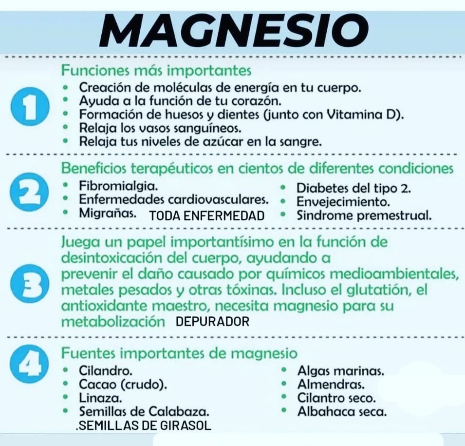 karimanesr's tweet photo. El magnesio es un mineral esencial que interviene en muchos procesos del cuerpo, como la regulación de la función muscular y nerviosa, la formación de proteínas, masa ósea y ADN, y la producción de energía a partir de los alimentos.

 Algunos de los beneficios más destacados de los suplementos de magnesio:

- Fortalecimiento de huesos y dientes: El magnesio contribuye a la fijación del calcio, lo que lo hace esencial para la formación y el buen estado de los huesos y los dientes.

- Reducción del dolor muscular: El magnesio ayuda a relajar los músculos y puede reducir el dolor muscular.

- Protección del corazón: El magnesio es importante para la función del corazón y puede ayudar a reducir la presión arterial.

- Mejora del estado de ánimo: El magnesio puede tener efectos positivos en el estado de ánimo y puede ayudar a reducir la ansiedad y el estrés.

- Intervención en la producción de energía: El magnesio es esencial para la producción de energía a partir de los alimentos y puede ayudar a combatir la fatiga.

¿Quiere saber más sobre este milagroso mineral? Entre en mi blog, suscríbase y ponga en el buscador del blog "magnesio". Ahí tiene cuál tomar en cada caso, dosis, alimentos que lo contienen..., todo :)
