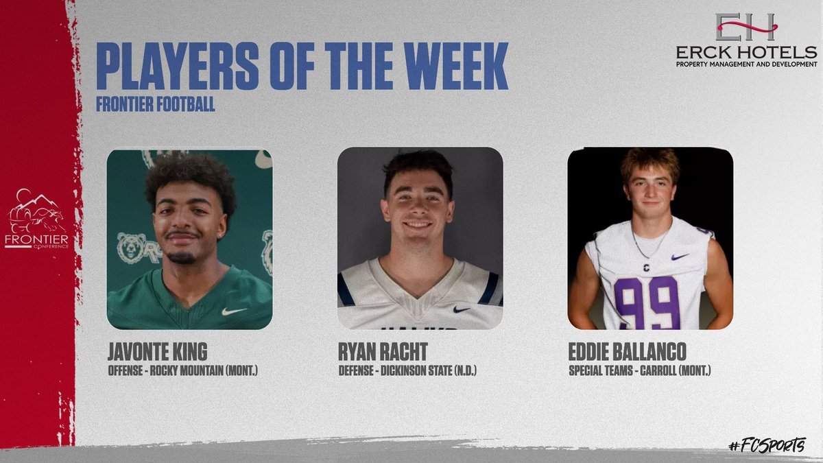 FConference's tweet photo. 🏈🌟 I CONGRATULATIONS to this week's recipients on the 2026 Erck Hotels/#FCsports Football Players-of-the-Week No. 6 edition!

🏈 Offense:  King (@BattlinBears)
🏈 Defense:  Racht (@dsubluehawks)
🏈 Special Teams:  Ballanco (@CCSaints)

📰 Read more ➡️ https://t.co/haoisA1fap

#FierceFrontier I #TheRightWaytoPlay I #NAIAFB
