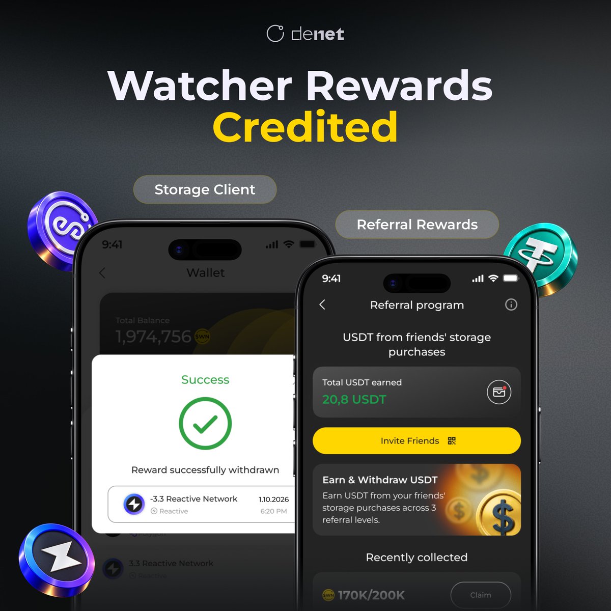 DeNetPro's tweet photo. Another round of Watcher rewards has been distributed 🔥

10,000+ Watchers have now received rewards from Storage Clients for their activity in the network.

And 500+ Watchers have already earned USDT from referrals by inviting storage users.

How to access your rewards:

• Initiate your withdrawal in the DeNet app (wallet icon)
• Import your DeNet address into any wallet (MetaMask, Trust Wallet, etc.)
• Make sure the correct network and token are added to see your balance

Track your rewards:

Storage Client rewards
• Reactive Network: https://t.co/6wCZXXS6yp
• peaq: https://t.co/gZLZeGm3uf

Storage referral rewards
• USDT on Polygon: https://t.co/Ser8yeeWpd

Stay active and keep an eye on the app. More rewards, updates and new opportunities are coming your way 🚀
