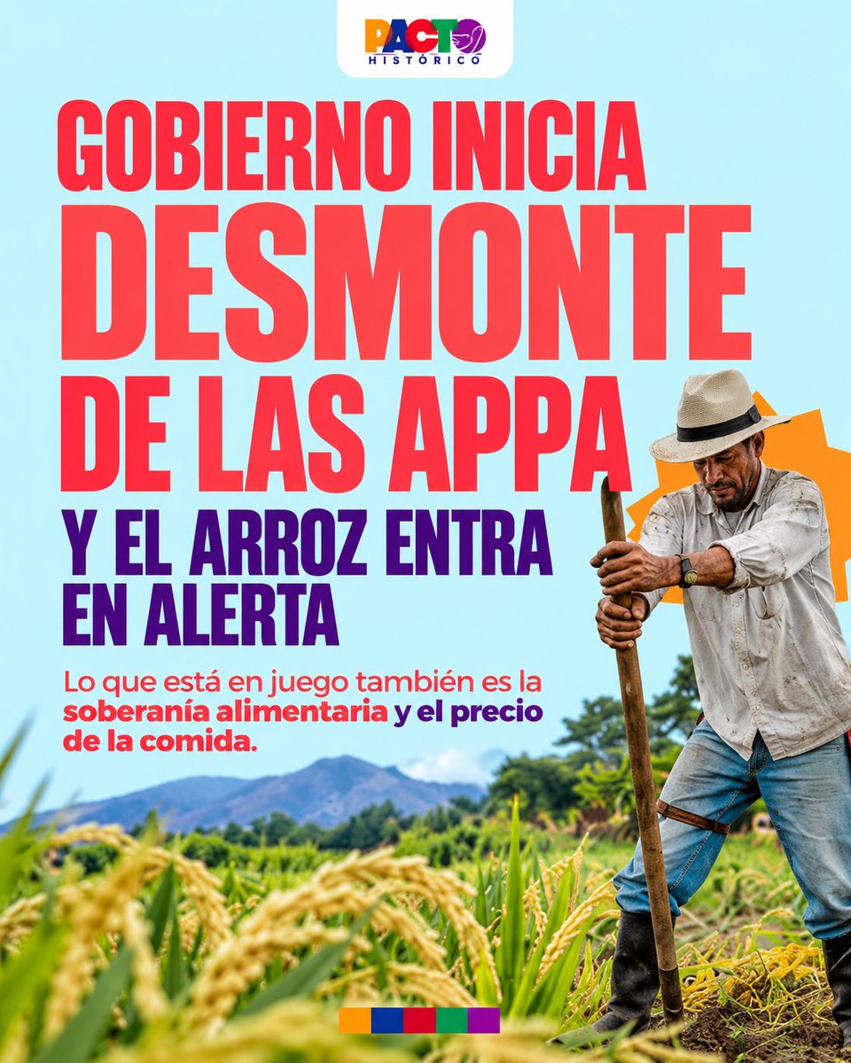 PactoCol's tweet photo. Gobierno deroga las APPA y abre debate sobre la soberanía alimentaria

El ministro de Agricultura, Indalecio Dangond, firmó el 2 de octubre en Urumita, La Guajira, la derogatoria de las Áreas de Protección para la Producción de Alimentos (APPA) en ocho municipios. El Gobierno anunció que el proceso continuará en Antioquia, Santander, Tolima y Cundinamarca.

Las APPA fueron creadas para proteger tierras con vocación agrícola y garantizar su destinación a la producción de alimentos. Cerca de un millón de hectáreas en 58 municipios quedaron cobijadas por esta figura, por lo que su eliminación abre una discusión sobre el futuro de los suelos destinados a alimentar al país.

La decisión coincide con la polémica por la recomendación del ministro a productores del sur de La Guajira de reconsiderar la siembra de arroz y explorar cultivos como el marañón. El debate afecta a un sector del que dependen miles de familias: solo Tolima cuenta con cerca de 4.870 productores arroceros, mientras Huila registra unos 2.500 productores y 47.000 hectáreas sembradas.

El expresidente @petrogustavo respondió defendiendo la producción nacional: “El arroz es un cereal nutritivo y debemos ir hacia la autosuficiencia alimentaria”.

Más allá del debate técnico sobre las APPA, la discusión de fondo es sobre soberanía alimentaria: qué tierras conservará Colombia para producir su propia comida y cómo evitar una mayor dependencia externa.

Proteger la tierra que produce alimentos también es proteger la capacidad del país para alimentarse.