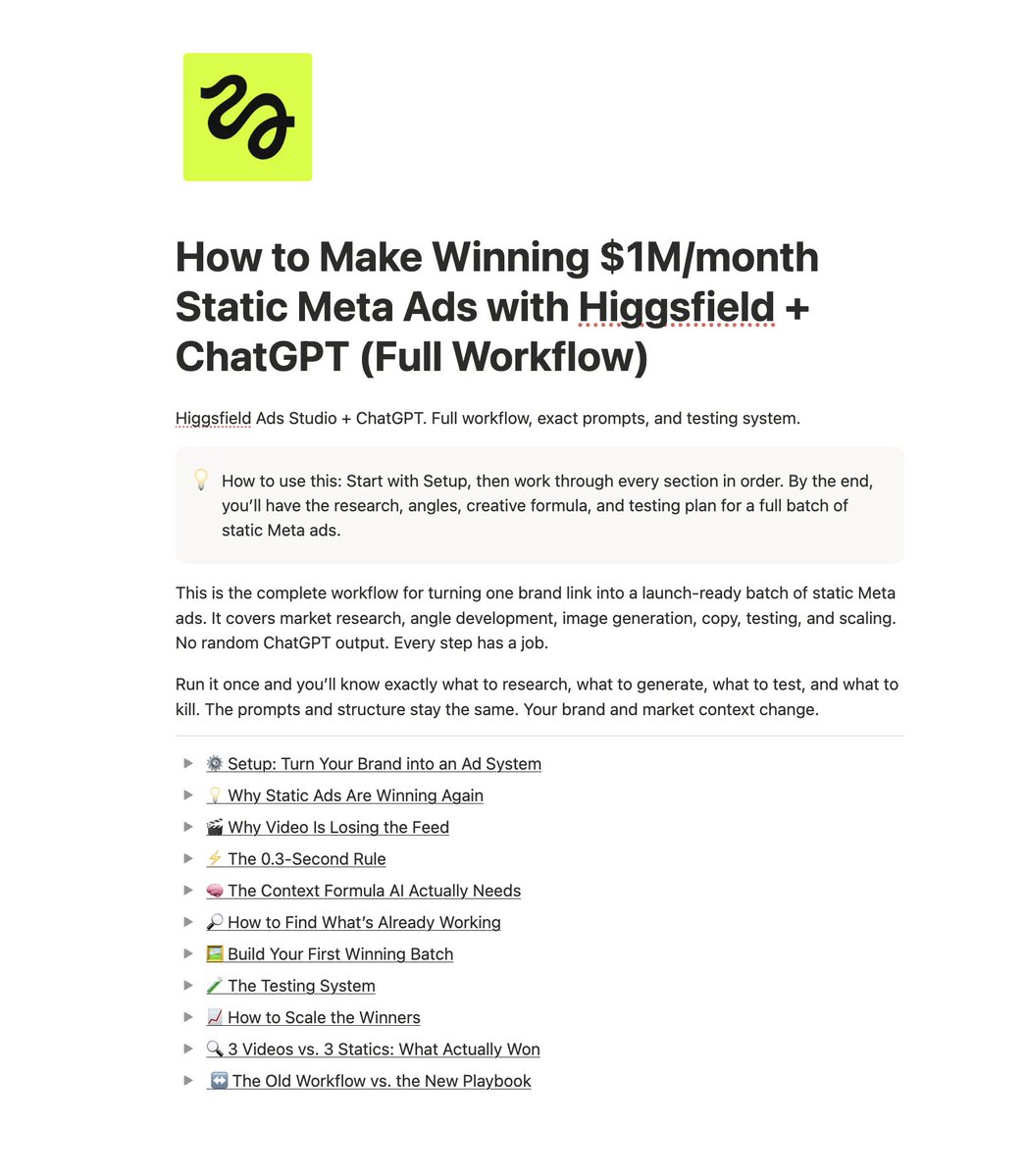 doseofcreative's tweet photo. Static ads are dead.

that is the dumbest take in Meta Ads rn.

as a person who used to spend $9M/month on paid,

here are 7 reasons why they are wrong:

> videos cost x20 more and take longer to produce

> you have only ≈0.3 seconds for a hook before scrolling in videos. In images, that’s enough.

> trending static formats outperform x5 than professional-looking images

this is exactly why we built Higgsfield Ads Studio.

it reads about your product and studies what’s already performing in the market.

paste your brand link, choose your products, and decide how many ads you want.

I tested it myself. If I were a business with paid ads, I’d put this straight into my business-as-usual workflow.

I gathered a notion doc with the best prompts to maximize Ads Studio.

200k views and I’ll share it with everyone who comments “NOTION”

try it now for free