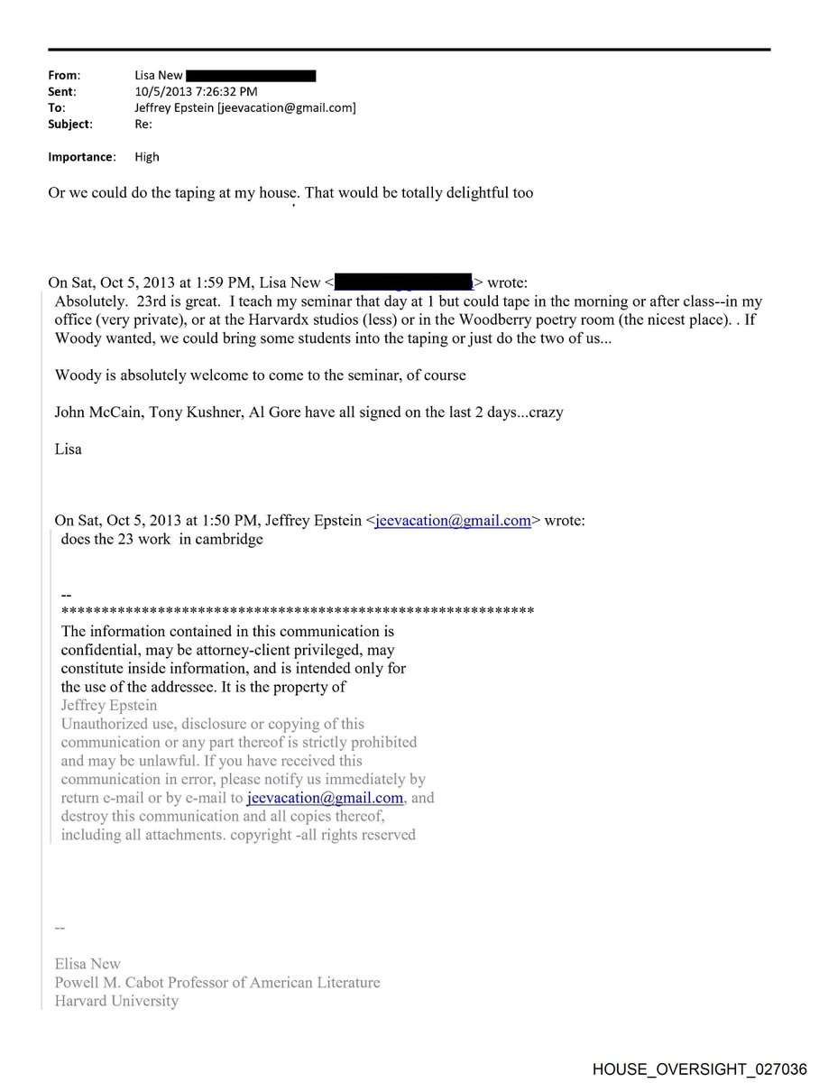 EpsteinsEmails's tweet photo. 📧 Oct 5, 2013 · 1:50 PM
From: Jeffrey Epstein
To: Lisa New

Epstein playing scheduler for Harvard literature professor Elisa New's poetry video series, lining up a Cambridge taping with "Woody": "does the 23 work in cambridge".
#EpsteinFiles https://t.co/Uk3XQTC7aS