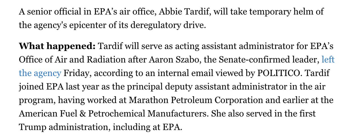 KevinBogardus's tweet photo. Abbie Tardif, already a senior official in EPA's air office, is now its acting head, per an internal email seen by @alexcguillen &amp; me

Tardif came to EPA last year from Marathon Petroleum — she also served there in 1st Trump admin https://t.co/JTtbIsa5WE