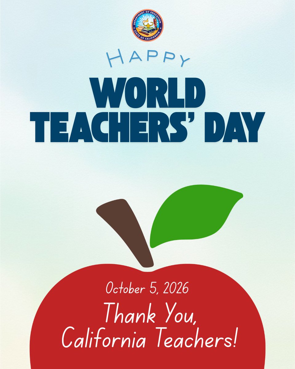 CADeptEd's tweet photo. Happy World Teachers’ Day! 🍎📚

Today, we celebrate California’s teachers and educators around the world who inspire curiosity, support students, and help learners reach their full potential. Thank you for the lasting difference you make every day! https://t.co/VS0DbYbbXT