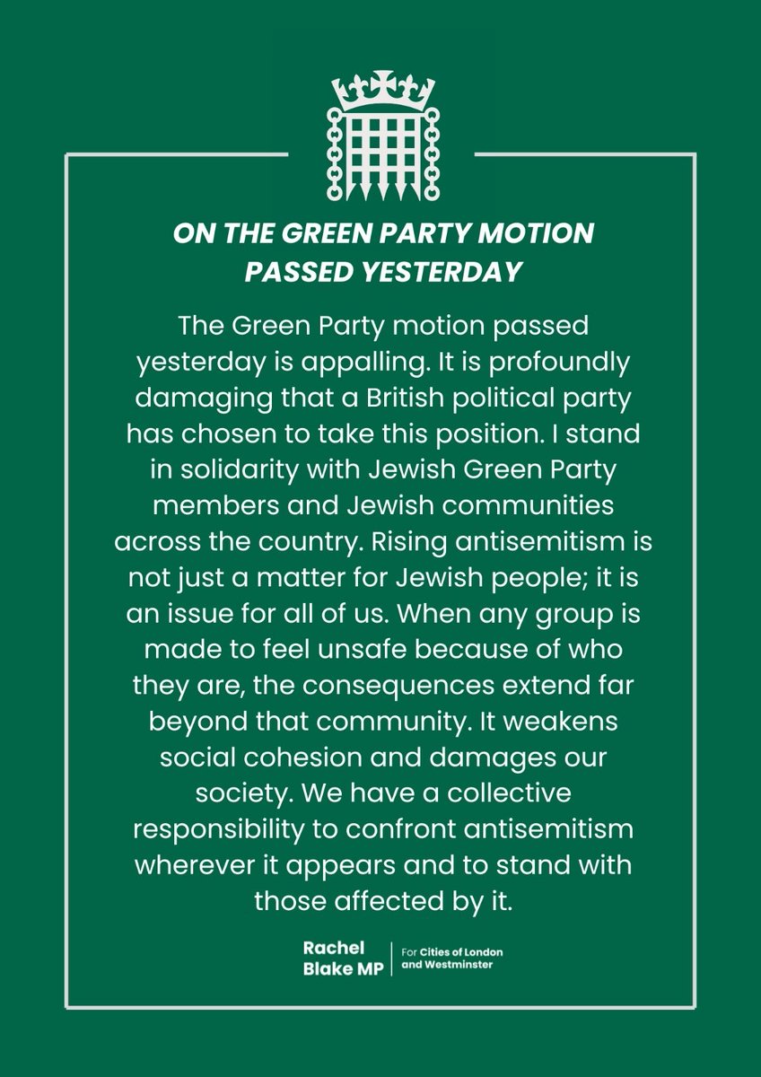 RNBlake's tweet photo. It is incumbent on all of us to confront antisemitism where it appears. 

A statement on the Green Party motion passed yesterday. https://t.co/2ZMTSgo5H7