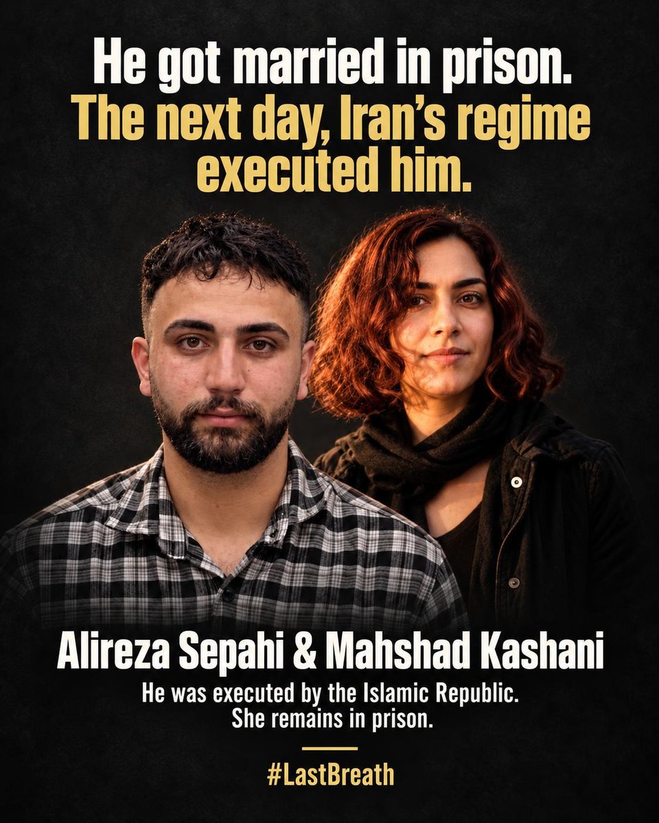NoorPahlavi's tweet photo. Alireza Sepahi got married in prison. The next day, the regime in Iran executed him.

He married Mahshad Kashani while facing a death sentence. They were denied even a final meeting as husband and wife. She is serving five years in prison. Now she must grieve her husband behind bars.

The Islamic Republic executed Alireza alongside another detained protester, Alireza Raeesi.

These were two people with families and futures. Remembering their names matters. So does holding those responsible for their deaths accountable.

#LastBreath