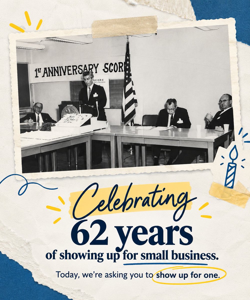 SCOREMentors's tweet photo. Today, SCORE is celebrating 62 years of showing up for small business. 🎂

Today, we’re asking you to show up for one. Buy something. Leave a review. Share their post. Tell a friend.

Because the best way to celebrate small business is to actually show up for small business. https://t.co/gHO1p6Ybnn