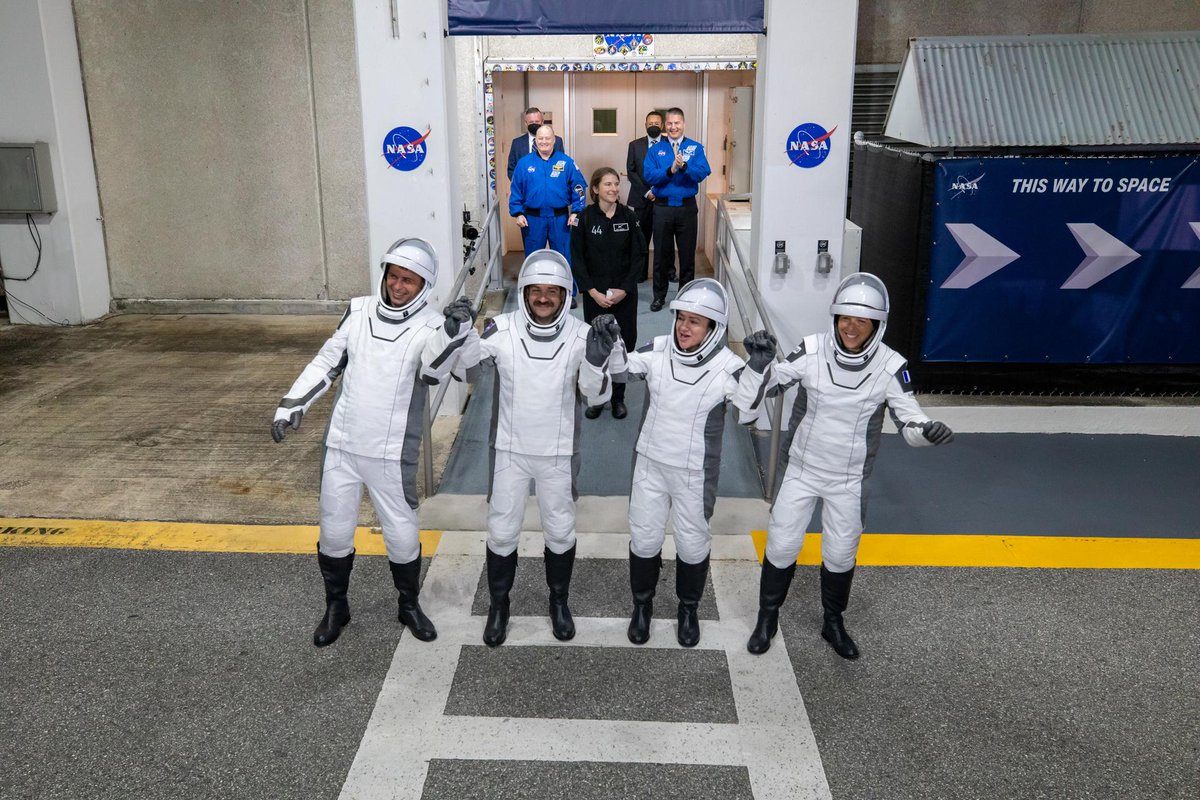 NASAJohnson's tweet photo. Two walkouts, one station. 🛰️

@NASA's @SpaceX Crew‑12 and Crew‑13 both began their journeys waving to family and friends outside the Neil A. Armstrong Operations and Checkout Building at Kennedy Space Center. Today, both crews are living and working aboard the International @Space_Station as Crew‑12 prepares to wrap up their mission and return to Earth this week while Crew‑13 settles in for their long‑duration stay.