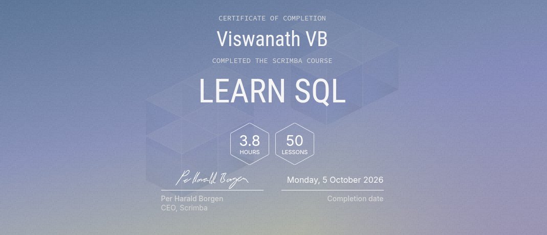 viswanathvb's tweet photo. Completed the SQL course from Scrimba! ๐
Learned SQL fundamentals, filtering, sorting, aggregation, JOINs, subqueries, CASE expressions, and CRUD operations.
Another step forward in my full-stack development journey. ๐ป๐ฅ
#SQL #FullStackDevelopment #LearningInPublic https://t.co/F8w04YCzGq