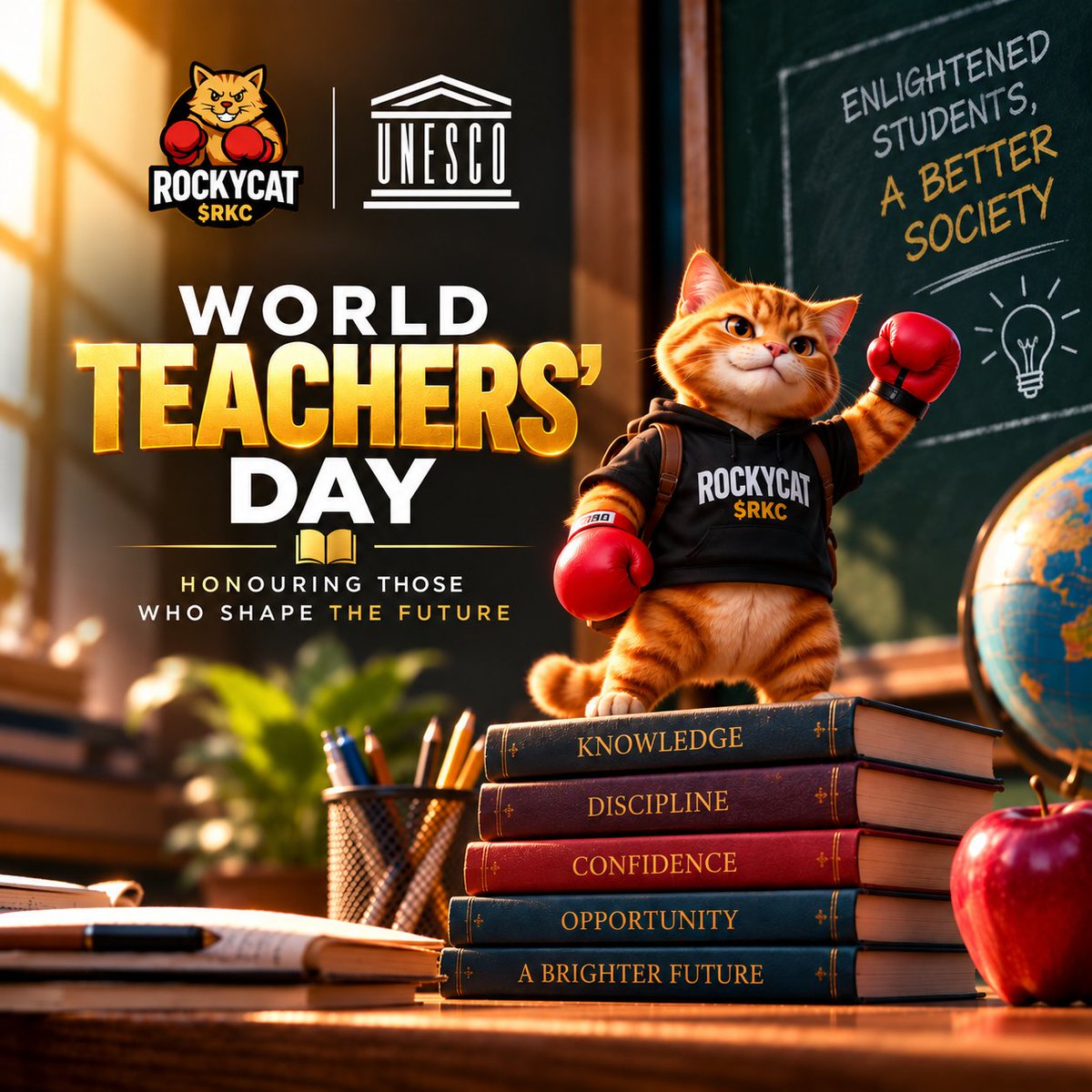 Rockycatcoin's tweet photo. The #RockyCat family stands with @UNESCO to celebrate teachers around the world on this special day, which marks 60 years since the 1966 ILO/UNESCO Recommendation concerning the Status of Teachers.

“Standing with teachers: 60 years of protecting the profession, advancing its status and shaping our futures.” ~ UNESCO.

📍 Teachers don't just teach lessons. They shape minds, build confidence, awaken dreams and influence generations.

Behind every doctor, engineer, entrepreneur, scientist, leader, and builder is a teacher who helped light the path.

Their greatest impact may never appear on a certificate or a paycheck. It is visible in the lives they helped shape, the dreams they helped awaken, and the generations they helped build.

To everyone who belongs to this noble profession, whether in a classroom or on social media:

You are loved,  appreciated, and highly respected 🫡

Happy World Teachers’ Day! 🎓🌍❤️

#WorldTeachersDay #TeachersDay #Education #Teachers #BuildingTheFuture