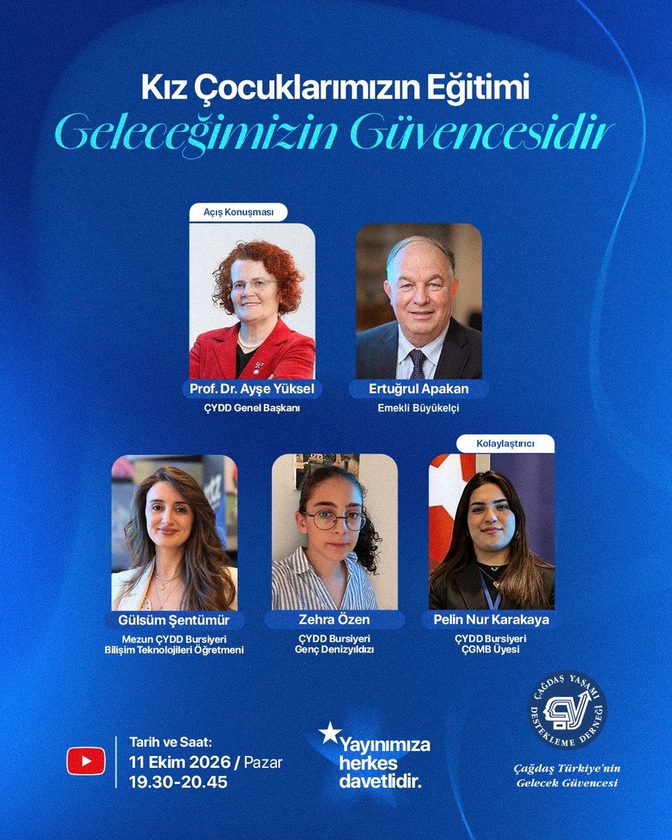 CagdasYasamDD's tweet photo. 11 Ekim Dünya Kız Çocukları Günü kapsamında, kız çocuklarının eğitim hakkını ve eğitimin yaşamı dönüştüren gücünü konuşmak üzere, 11 Ekim Pazar günü saat 19.30–20.45 arasında “Kız Çocuklarının Eğitimi Geleceğimizin Güvencesidir” başlıklı dijital yayınımızda buluşuyoruz.

Kız çocuklarının haklarına ve önlerindeki engellerin kaldırılmasına dikkat çeken 11 Ekim, derneğimizin yıllardır sürdürdüğü eğitimde fırsat eşitliği çalışmalarında özel bir yere sahiptir. Birleşmiş Milletler tarafından ödüllendirilen çalışmalarımızla uluslararası alanda da karşılık bulan bu emeği, Dünya Kız Çocukları Günü’nün ortaya çıkış süreci ve gençlerimizin eğitim yolculuklarıyla birlikte ele alacağız.

Genel Başkanımız Prof. Dr. Ayşe Yüksel’in açış konuşmasıyla başlayacak programımızda, Emekli Büyükelçi Ertuğrul Apakan, “11 Ekim, Nasıl Dünya Kız Çocukları Günü Oldu?” başlıklı konuşmasıyla bu günün ortaya çıkış sürecini aktaracaktır.

Bu tarihsel anlatının ardından, kız çocuklarının eğitimi için büyüttüğümüz dayanışmanın yaşamdaki karşılığını gençlerimizin deneyimlerinden dinleyeceğiz. Genç Denizyıldızımız Zehra Özen, “ÇYDD’de Genç Deniz Yıldızı Olmak”; mezun bursiyerimiz Bilişim Teknolojileri Öğretmeni Gülsüm Şentümür ise “Eğitim Yolculuğumda ÇYDD” başlıklı konuşmalarıyla eğitimle açılan yolları ve ÇYDD’nin yaşamlarındaki yerini paylaşacaktır.

Programımızın kolaylaştırıcılığını Çağdaş Gençlik Merkez Birimi (ÇGMB) üyemiz Pelin Nur Karakaya üstlenecektir.

Her kız çocuğunun okuyabildiği, özgürce hayal kurabildiği ve kendi geleceğini belirleyebildiği yarınlar için emek veren tüm üyelerimizi, gönüllülerimizi, destekçilerimizi yürekten kutluyor, gençlerimiz ile birlikte programımızı izlemeye davet ediyoruz.

11 Ekim Dünya Kız Çocukları Günü kapsamında gerçekleştireceğimiz programımıza herkes davetlidir.

Programımız, Çağdaş Yaşam TV YouTube kanalımızdan canlı olarak yayınlanacaktır.