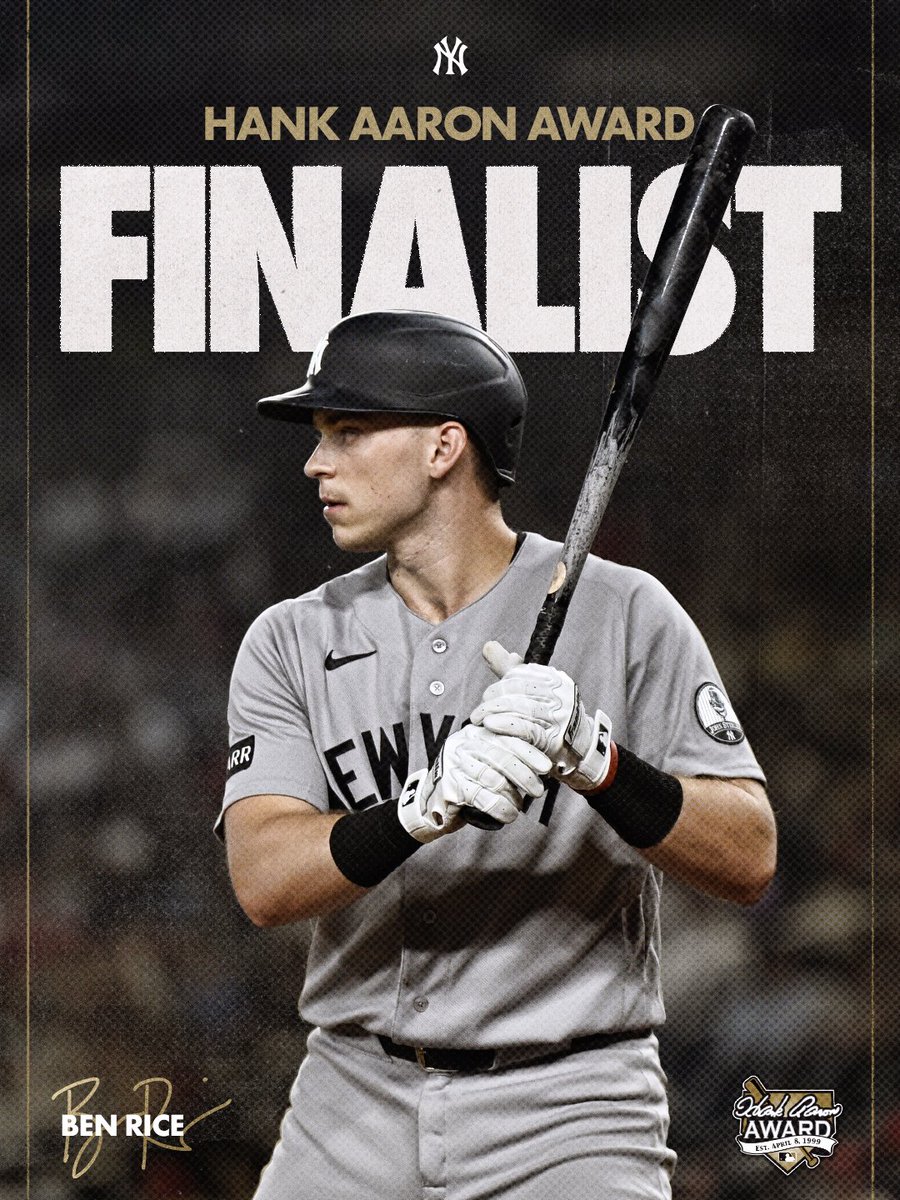 Yankees's tweet photo. Congratulations to Ben Rice on being named a 2026 Hank Aaron Award Finalist 👏  

Vote for Rice now: https://t.co/MJy4oT5elt https://t.co/igYZzX66SG