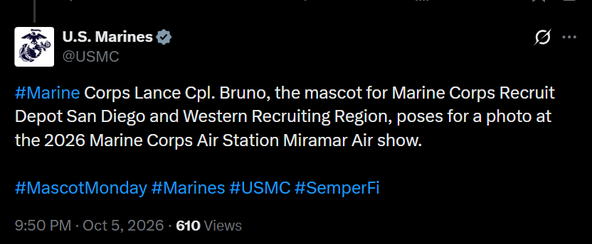 MostGentleDev's tweet photo. Wtf we just got an official US marines mascot and they named him bruno?!

No pairing just holder rewards makes sense

Proof https://t.co/6pPvdmokL4
https://t.co/eys1s4FILf https://t.co/E9abYhGBNX