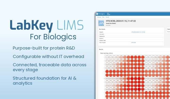 LabKey's tweet photo. Most LIMS were built for chemistry and retrofitted for biologics. LabKey Biologics LIMS starts from native protein, construct, and cell line data models instead. https://t.co/iH5Zzog8r6 https://t.co/rzUJSomcrL