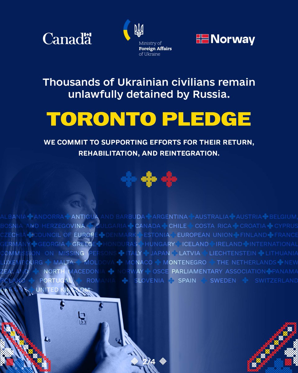 CanadaFP's tweet photo. Under the Toronto Pledge, international partners committed to helping locate Ukrainian civilians unlawfully detained by Russia, uphold their rights and support their release.

Learn more: https://t.co/qZNzsm7sQ4

#StandWithUkraine https://t.co/D520Bjp9rn