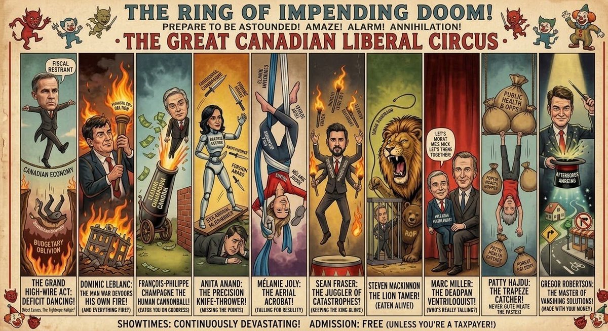 DSki5257's tweet photo. "Step right up, ladies and gentlemen, to witness the absolute pinnacle of political gymnastics! See the Grand Debt-Dancer defy financial gravity, watch the Spin-Doctor perform breathtaking loops of logic, and marvel as our illusionists create entire economic plans out of thin air! In this arena, the only safety net is your own suspended disbelief!"
​#cdnpoli #OttawaCircus #LiberalParty #TaxpayerTab #QuestionPeriod #DeficitDancing #PoliticalSatire