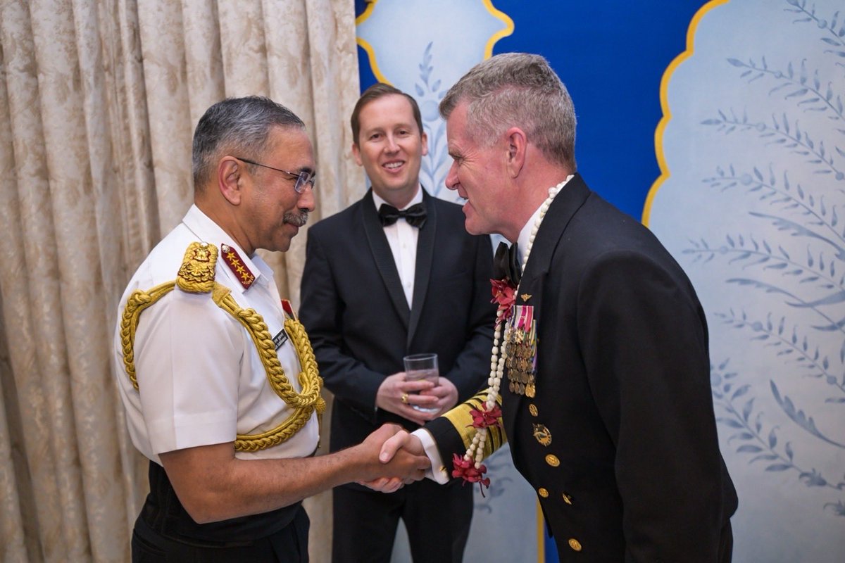 USAmbIndia's tweet photo. Honored to host Admiral Samuel Paparo in India.  One of America’s most consequential military leaders, Admiral Paparo commands U.S. Pacific Command, the nation’s oldest and largest geographic combatant command, overseeing approximately 400,000 military and civilian personnel across a region spanning roughly half the globe. Admiral Paparo joined India’s Chief of Defence Staff, General N. S. Raja Subramani; Chief of the Army Staff General Dhiraj Seth; Vice Chief of the Air Staff Air Marshal Ashutosh Dixit; Chief of Integrated Defence Staff Air Marshal Tejinder Singh; and other senior Indian defense officials for an evening highlighting the growing strength, ambition, and importance of the U.S.-India Major Defense Partnership.