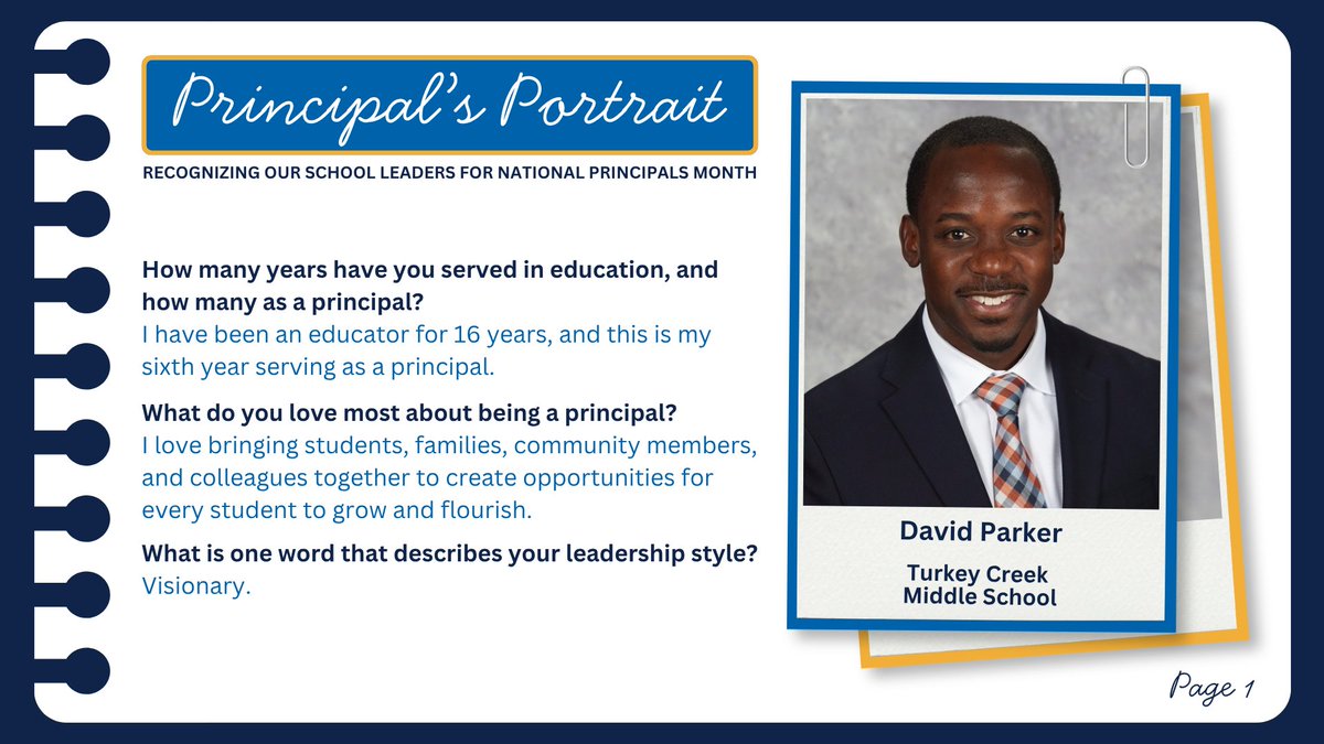 HillsboroughSch's tweet photo. PRINCIPAL'S PORTRAIT 📸 October is #NationalPrincipalsMonth, and all month long, we're shining a spotlight on the incredible principals who lead, inspire, and make a difference in our schools every day! 💙

Through #PrincipalsPortraits, you'll get to know some of the tremendous leaders behind the principal's desk, learning what they love most about leading their school, a tradition they love to participate in, plus a fun fact their students and families might not know!

Next up, meet David Parker, the proud principal of @TurkeyCreekMS! Join us in celebrating Principal Parker and the incredible work he does for our Gobblers! 🦃