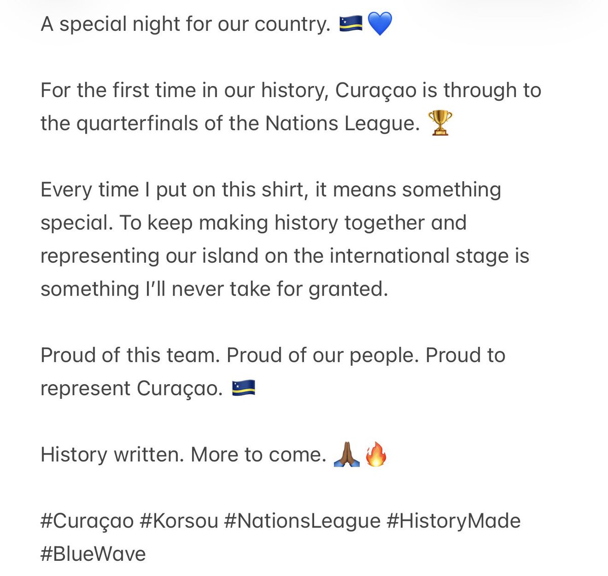 EloyRoom's tweet photo. A special night for our country. 🇨🇼💙 #curacao #concacafnationsleague #history #quarterfinals #BlueWave2026 https://t.co/WVxfp9ilc3