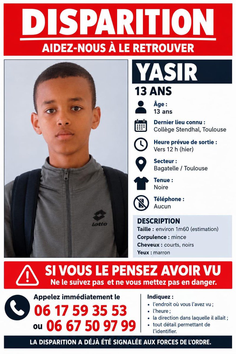 g4mberge2zinzin's tweet photo. Disparition d'un garçon de 13ans aux alentours de Toulouse

À partager au maxxx in shaa Allāh https://t.co/7NLnR9y1UV