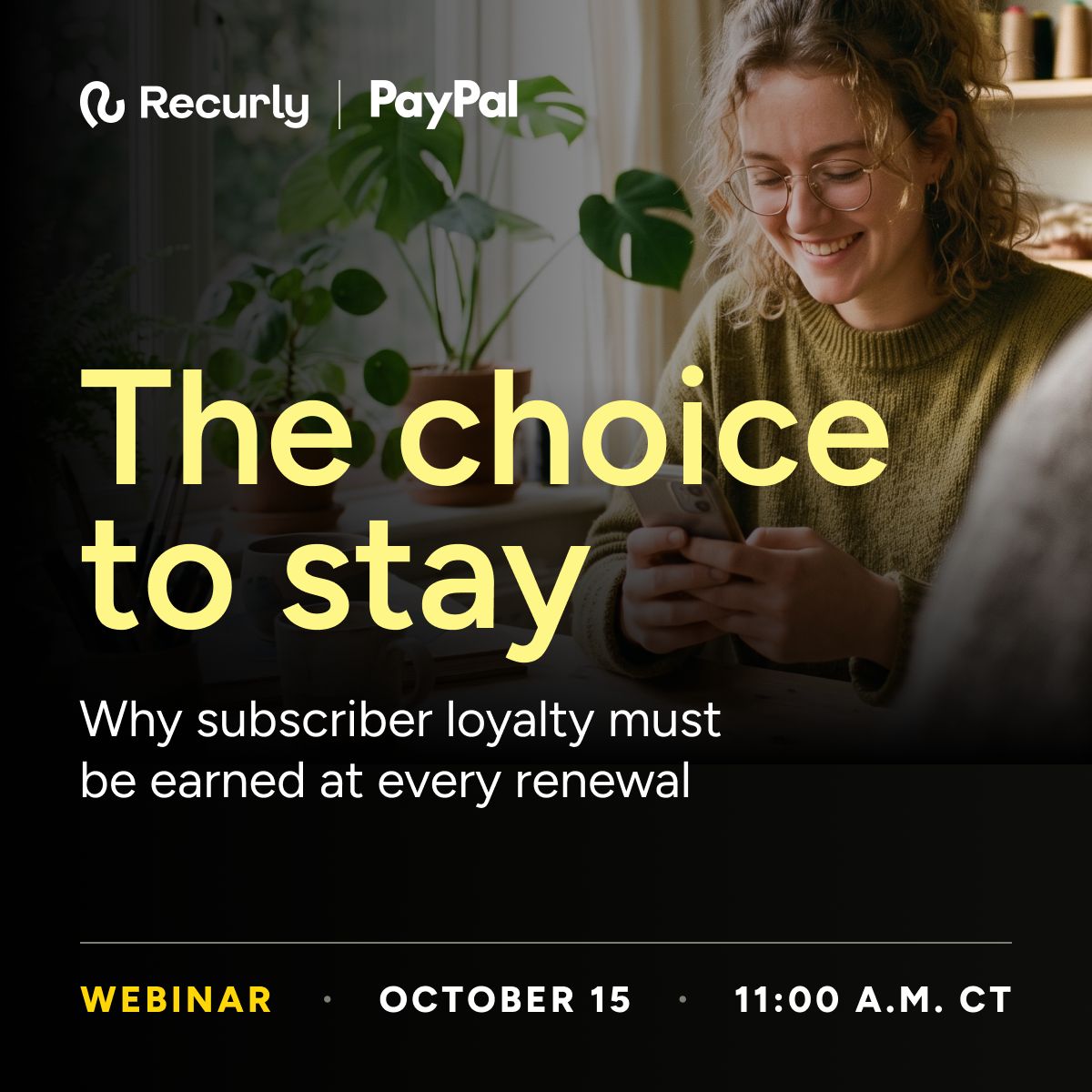 recurly's tweet photo. Recurly + PayPal. Join us October 15 at 11:00 a.m. CT to explore how transparent experiences, preferred ways to pay, and flexible plans can give subscribers more reasons to stay, renew, and come back. 👉 Save your spot: https://t.co/XjvZtlm0nY https://t.co/qtu9fs4Ssf
