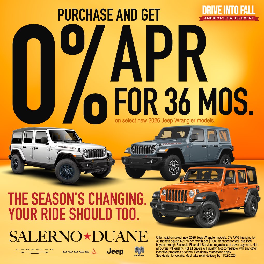 SDSummitJeep's tweet photo. ππ₯ 0% APR ON SELECT NEW 2026 JEEP WRANGLER MODELS! ππ¨ Hurry into Salerno Duane and take advantage of incredible savings and our large selection of new Jeep Wranglers!
#SalernoDuane #SummitNJ #2026Jeep #JeepWrangler #DriveIntoFall #AmericasSalesEvent https://t.co/GzswHyTH2P