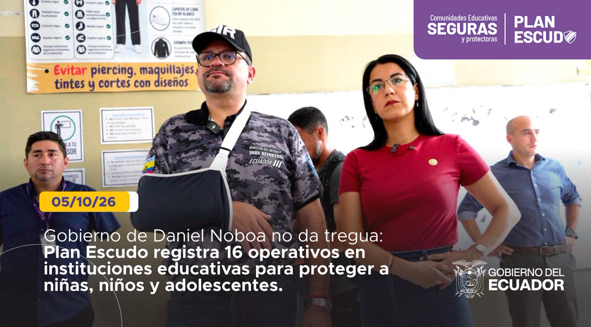 Educacion_Ec's tweet photo. 📰 [BOLETÍN] El Gobierno Nacional avanza con el #PlanEscudo para prevenir amenazas del crimen organizado en las instituciones educativas y proteger a niñas, niños y adolescentes. 

La estrategia articula el trabajo del MINEDEC y del @MinInteriorEc para identificar riesgos y coordinar la respuesta ante situaciones que afecten la seguridad de la comunidad educativa.

🔎 Conoce más ➡️ https://t.co/sEBuhMdfca
