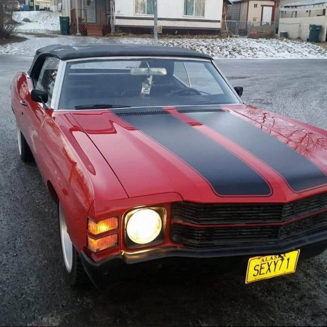Justa_Guy907's tweet photo. Alaska Peeps!!! Keep a look out for this sweet ass ride that was Stolen from good ol' Skankrage.... 

STOLEN
1971 Chevy chevelle 2 door
Candy apple Red, With flat Black racing stripes and Black convertible top
Plate : KHF810
Apd. Case # 240005275   Or 24-5725

plate:KHF810
Vin :136671L156373

 APD non emergency. # 907-786-8500/8900

Jesse, owner of Stolen Chevelle

Ph. # 907-764-0920