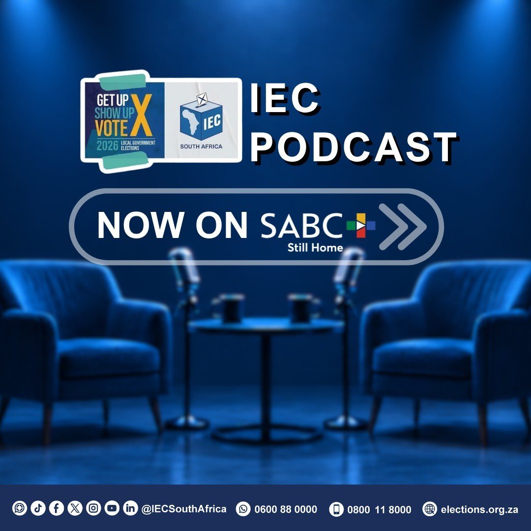 IECSouthAfrica's tweet photo. 🎙️ The #IECPodcast is now on @SABCPlus 
 
The IEC, in collaboration with SABC Plus, brings you the IEC Podcast; a platform for engaging conversations on elections, democracy and the work that goes into delivering credible elections. 
 
#IECPodcast #SABCPlus #LGE2026 https://t.co/3UVw72PDPk