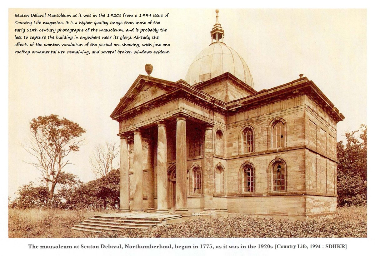 Novocastria2020's tweet photo. Recently came across a, new to me, photo of Seaton Delaval Mausoleum as it was in the 1920s, in a 1994 Issue of Country Life magazine. It is a higher quality image than most early c.20 photos of the mausoleum &amp; probably the last to capture the building in anywhere near its glory. https://t.co/OPdnWD1s72