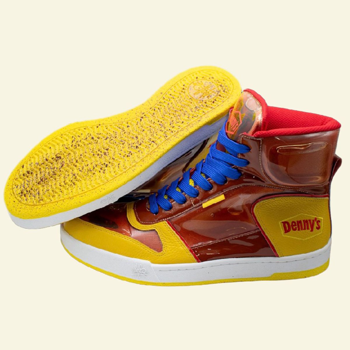 Dexerto's tweet photo. Denny’s is bringing back its syrup-inspired shoes after the originals sold out in just 60 seconds

Sticky Kicks 2.0 come with a syrup-scented tag, blue laces and are only available to Rewards members https://t.co/5LdDi6INmY