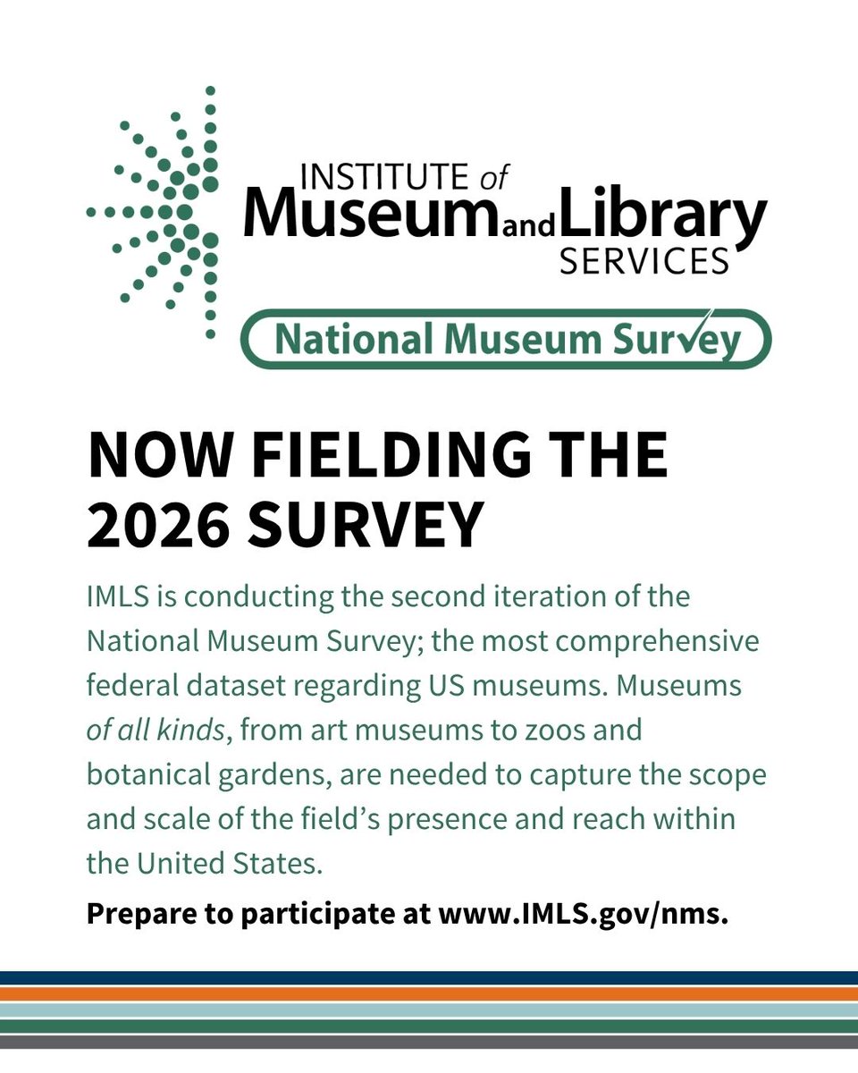 US_IMLS's tweet photo. The 2026 National Museum Survey has launched! 
If your museum has received an invitation, please participate and help ensure museums of every size, discipline, and region are represented. Strong participation helps create a more complete picture of the museum field and supports better data for planning, advocacy, funding, and decision-making. 
If your institution has not received an invitation, please contact NMS@IMLS.gov.   
#IMLSnms