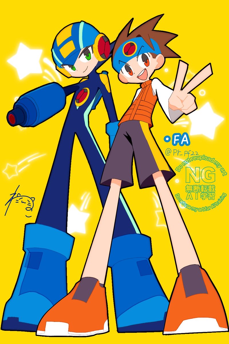 pr_pf22's tweet photo. カートゥーン要素を少し入れたアニメ線画風！✨

バスター、トレスしてしまいました！！ごめんなさい！！(描けなかった…)🙇‍♂️
もし誰か様の作画に似ていたらすみません！パクリではありません🙏
※1度こんな感じのイラスト挑戦したかったんです！

#ロックマンエグゼ https://t.co/r8VYt2wxt0