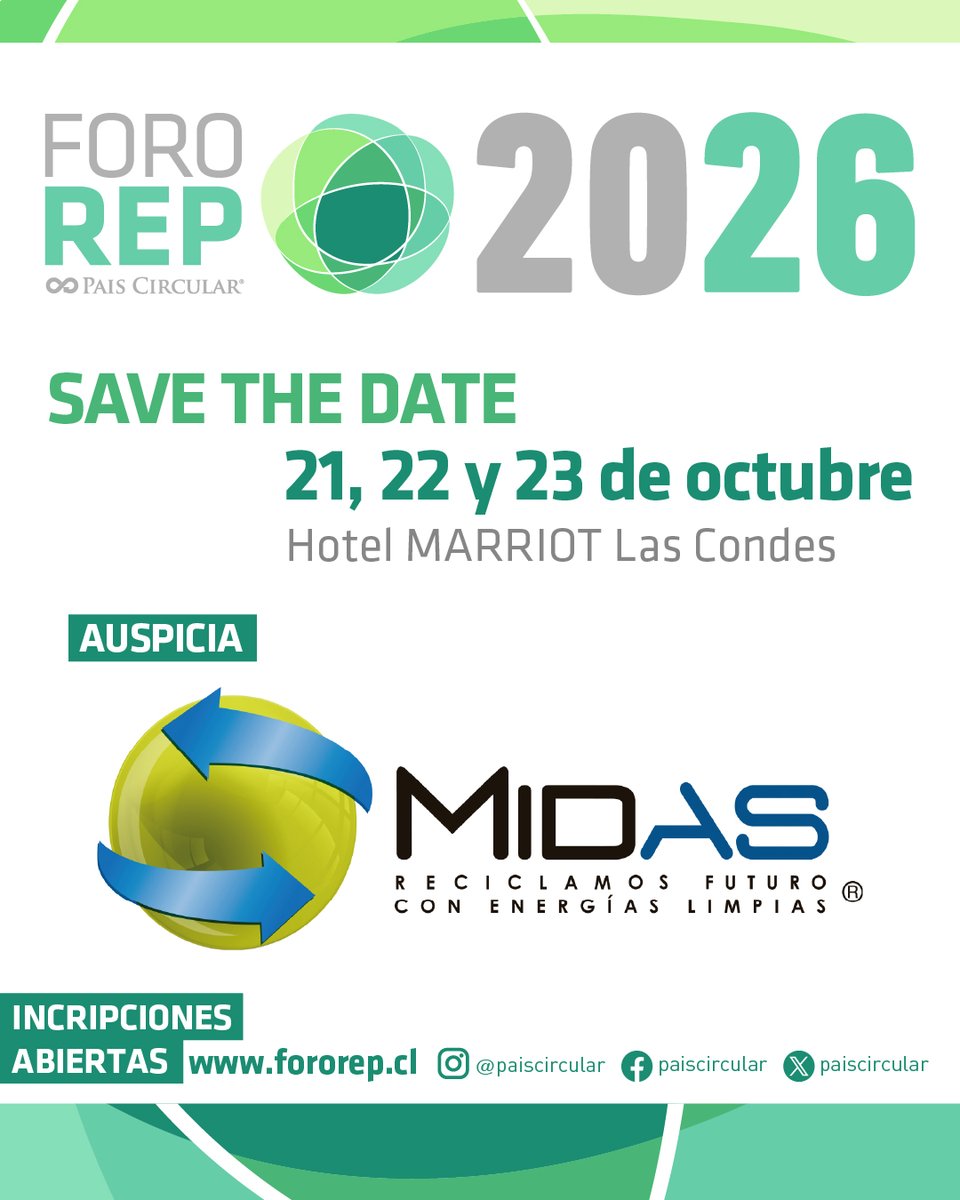 PaisCircular's tweet photo. 🚀 ¡Bienvenido @midaschile  como auspiciador de Foro REP 2026!

📅 21, 22 y 23 de Octubre

📍 Hotel Marriott Santiago

🎟️ Inscripciones abiertas en https://t.co/xdhyxRNeHm 

#ForoREP2026 #MidasChile https://t.co/EQRApF0Pfv