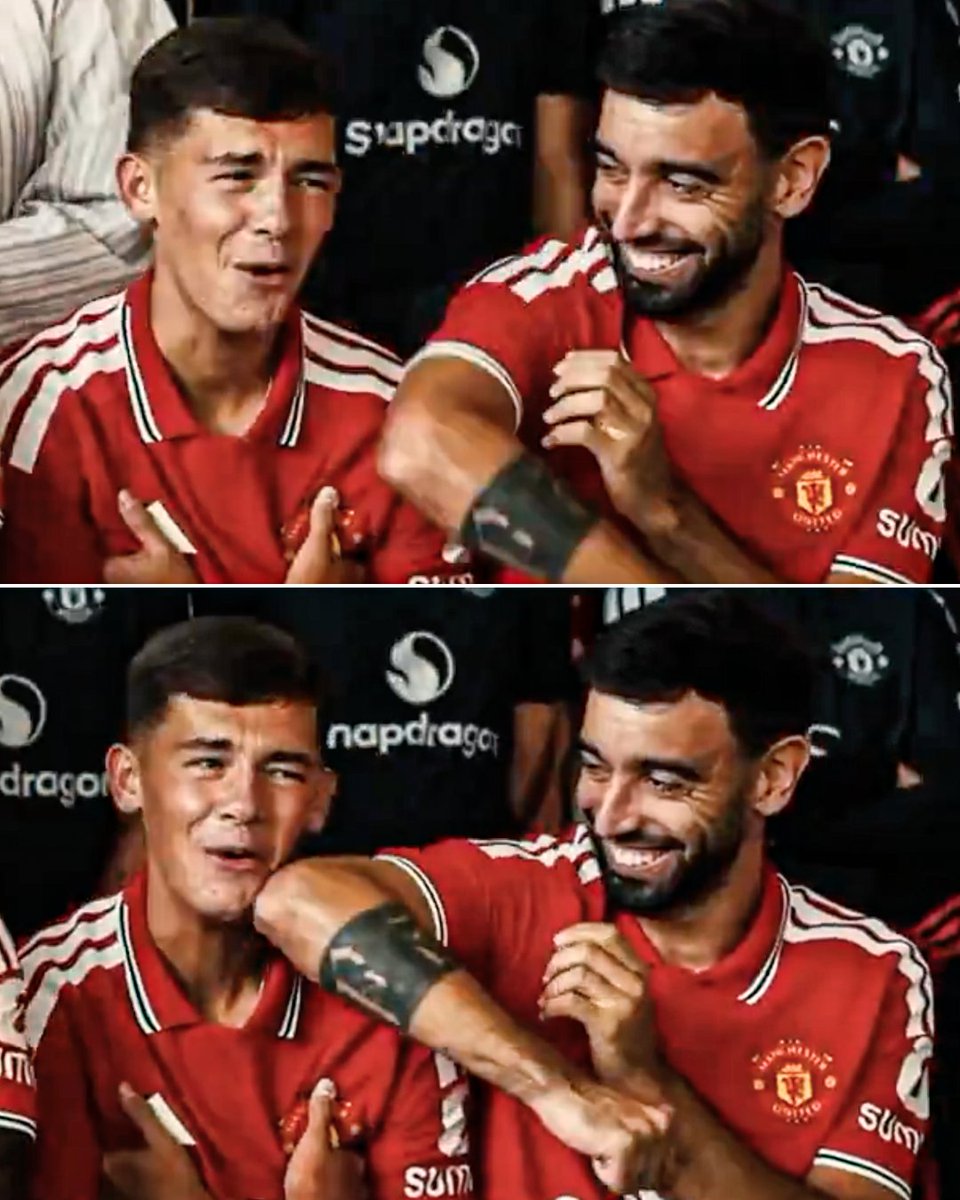 ESPNUK's tweet photo. Bruno Fernandes and Shea Lacey during Man United's squad photoshoot 😂❤️ https://t.co/sTQuKGs9zs