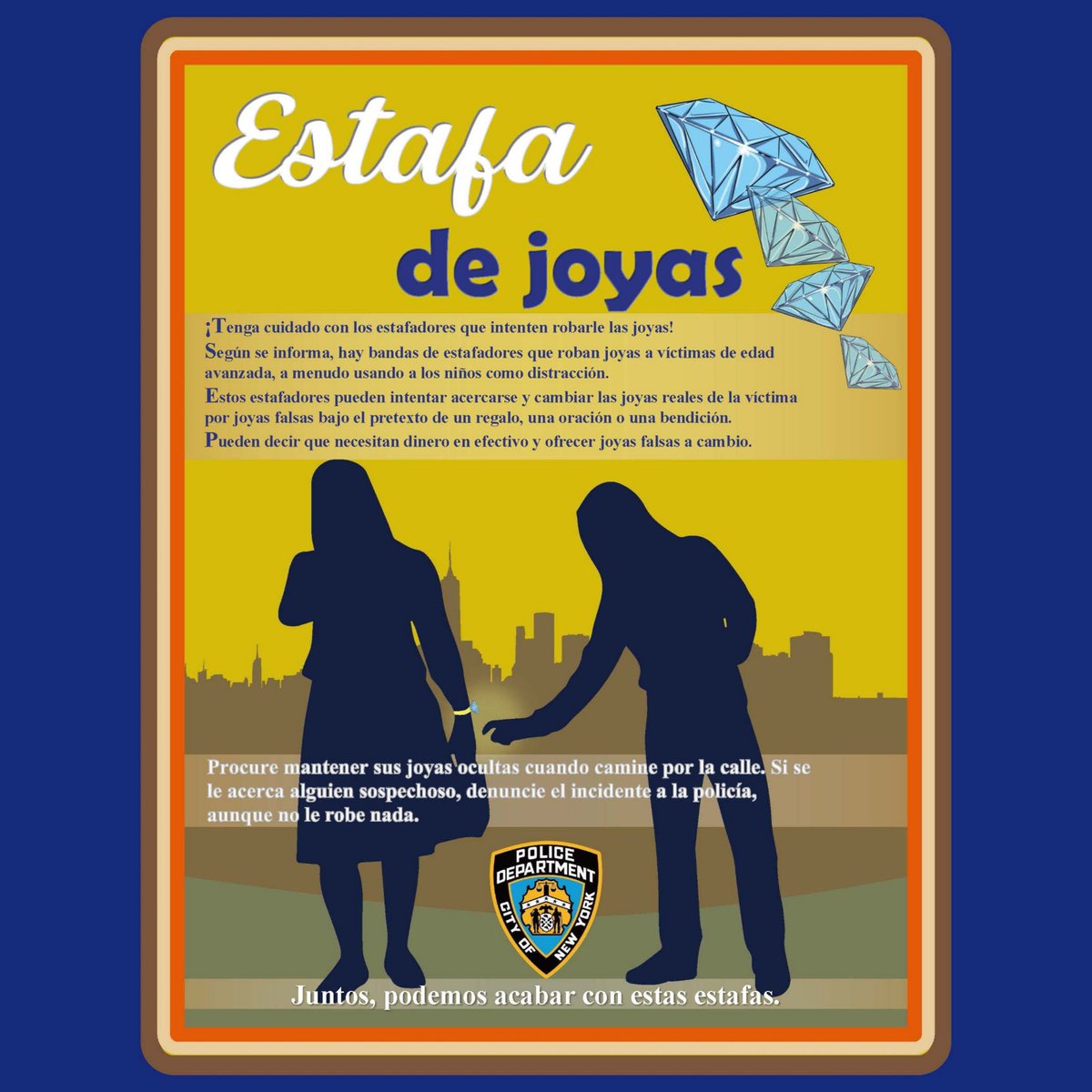 NYPD62Pct's tweet photo. If someone approaches you, engages you in conversation, and asks you to swap your jewelry.  STOP!🛑 IT IS A SCAM.  The victim is left with cheap/fake jewelry, and the scammer makes off with your property.  If you are a victim, or someone approaches you, CALL 911 IMMEDIATELY! https://t.co/Xkxfo4RkSf