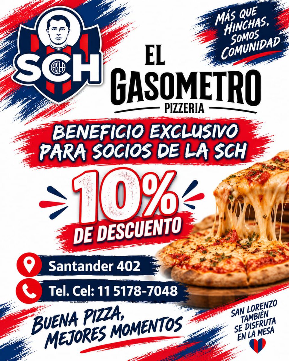 schcasla's tweet photo. 🍕🔴🔵 ¡BENEFICIO EXCLUSIVO PARA SOCIOS DE LA SCH! 🔵🔴🍕

Porque ser parte de la Subcomisión del Hincha también tiene sus beneficios… ❤️💙

Tenemos el placer de presentar un nuevo beneficio junto a El Gasómetro Pizzería:
👉 10% de descuento para socios de la SCH.

📍 Santander 402
📞 Tel. Cel.: 11 5178-7048

Una buena pizza, un buen momento y, por supuesto, compartido entre cuervos. 🐦‍⬛🍕

¡San Lorenzo también se disfruta en la mesa! ❤️💙

#SanLorenzo #Boedo #SchCasla #BeneficiosSCH #PizzeriaElGasómetro
 🐦‍⬛❤️💙
