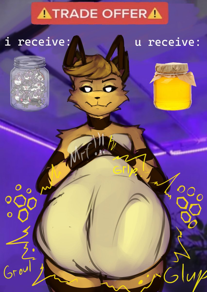 Ker_uwu_eshko's tweet photo. Voretaber day 4: exchange

You give him a jar of Anrishki, and he gives you a jar of honey. Deal?(It'll be honey with a blueberry flavor)

#voretober #voretober2026 #voreart #vore #furry #vorefurry https://t.co/C82Jqjmqo7